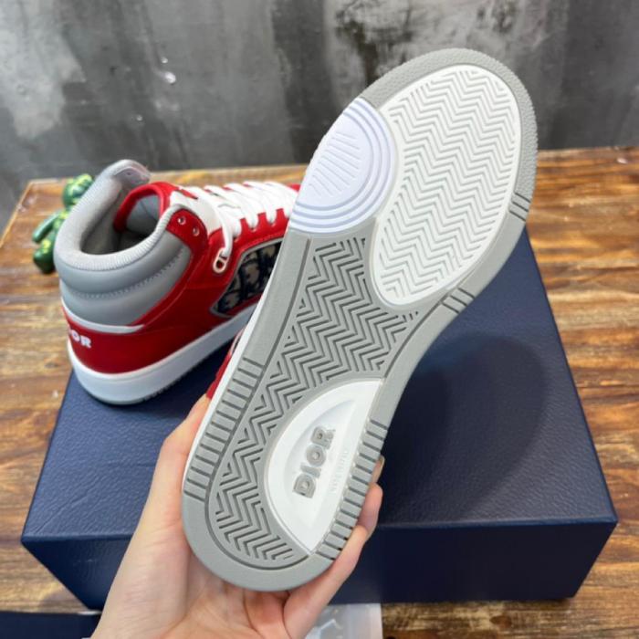 Dior B27 High Red Gray and White Smooth Calfskin with Beige and Black Dior Oblique Jacquard