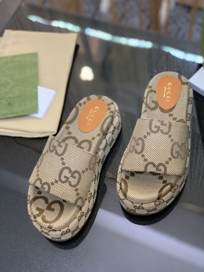 Gucci Platform Slide Sandal Maxi GG Camel Ebony GG Trim Canvas