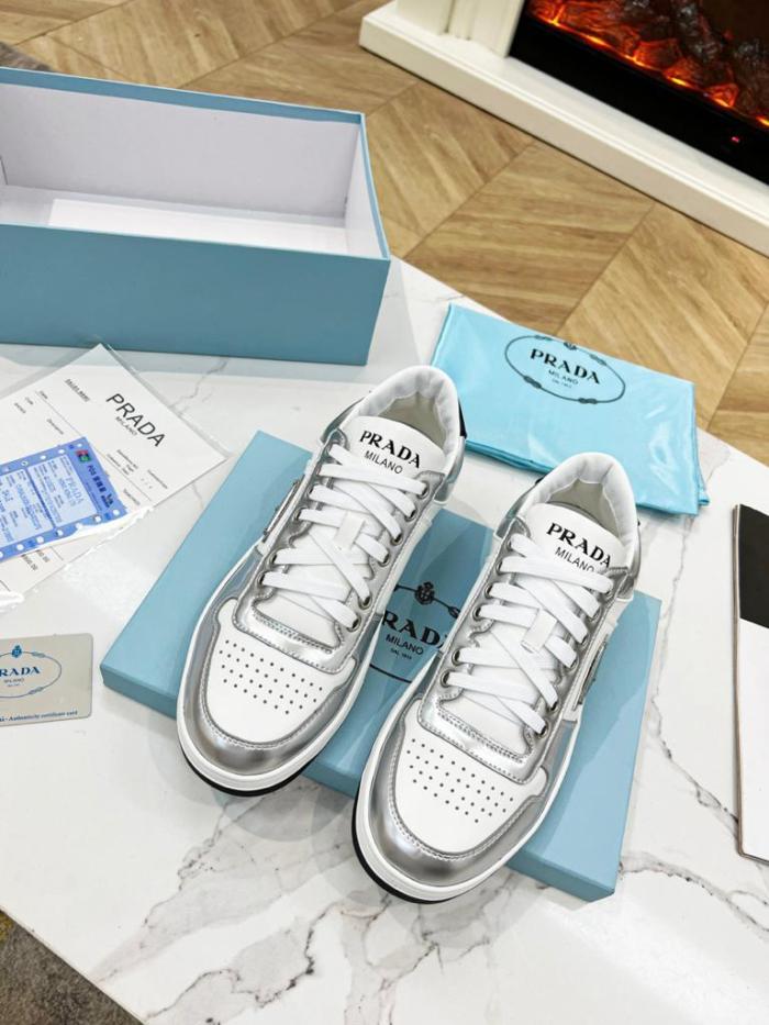 Prada Downtown Low Top Sneakers Leather White Silver