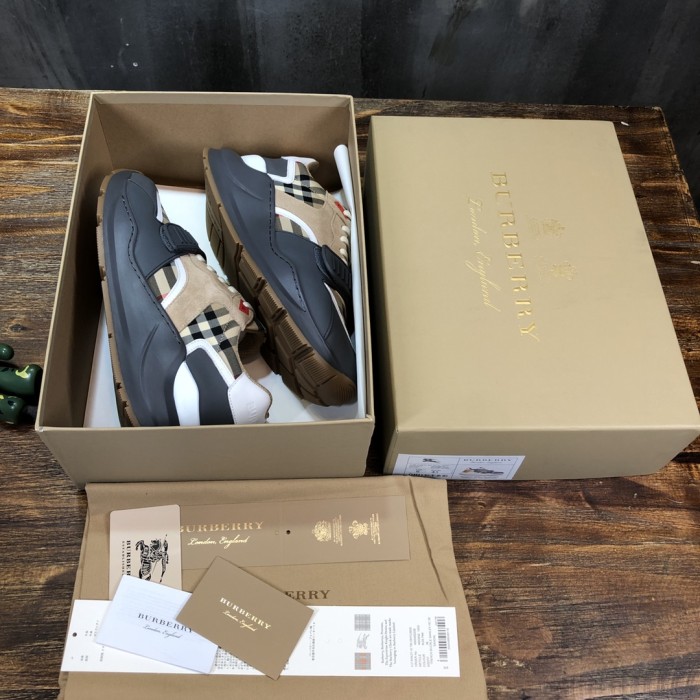 Burberry Ramsey Vintage Check Suede Leather Sneakers Grey Archive Beige