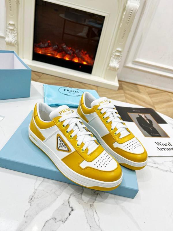 Prada Downtown Low Top Sneakers Leather White Yellow Sun