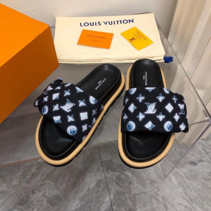 LOUIS VUITTON Nylon Monogram Womens Pool Pillow Comfort Mules 40 Navy Blue