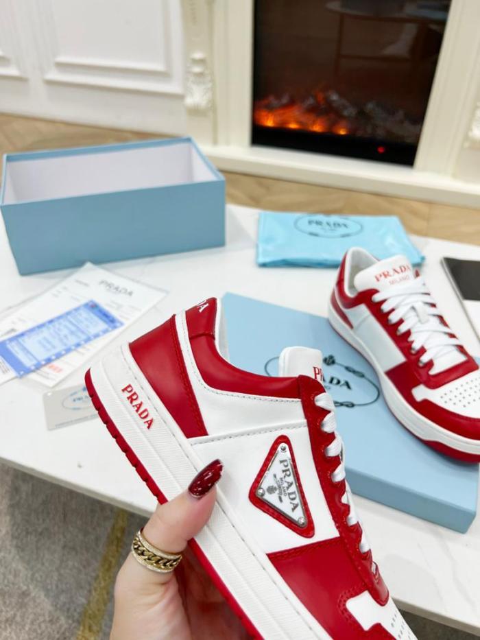 Prada Downtown Low Top Sneakers Leather White Lacquer Red