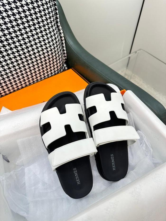 Hermes Chypre Leather Flip Slides White