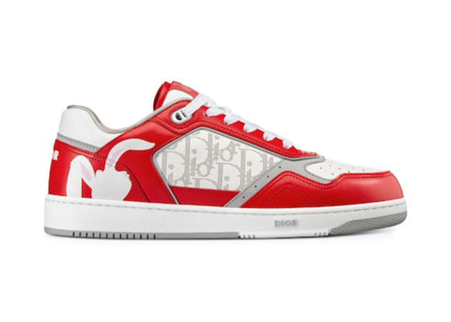 Dior B27 Low ERL Red and White Smooth Calfskin and White Dior Oblique Galaxy Leather with Rabbit Motif