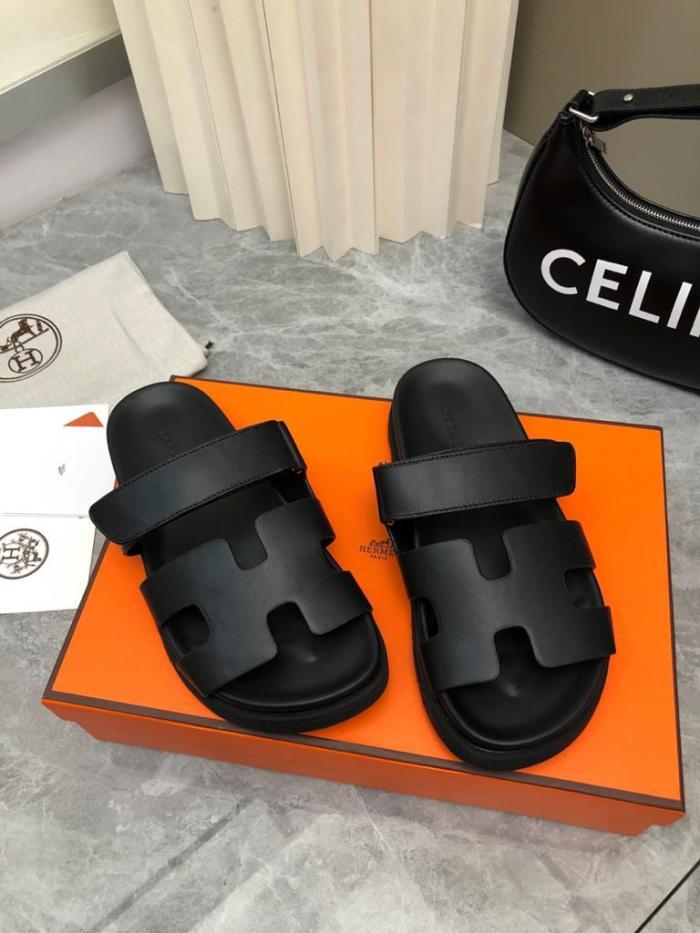 Hermes Chypre calfskin slides black