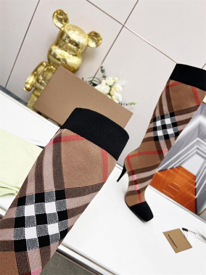 Burberry Knitted Check Sock Boots Birch Brown Heel height: 10.5cm/4.1in