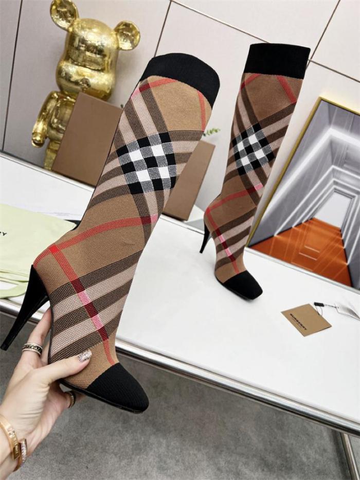 Burberry Knitted Check Sock Boots Birch Brown Heel height: 10.5cm/4.1in