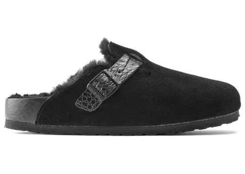 Birkenstock Boston Shearling Suede Reptile Embossed Strap Black