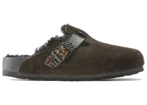 Birkenstock Boston Shearling Suede Reptile Embossed Strap Mocha Brown Black