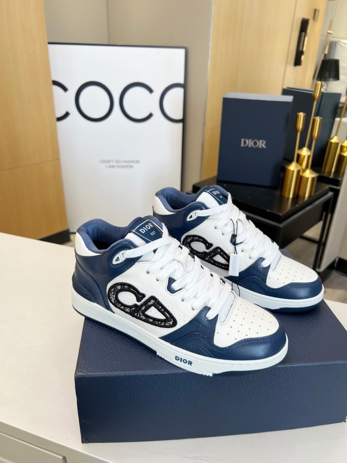 dior B57 MID-TOP SNEAKER Navy Blue and White Smooth Calfskin with Beige and Black Dior Oblique Jacquard