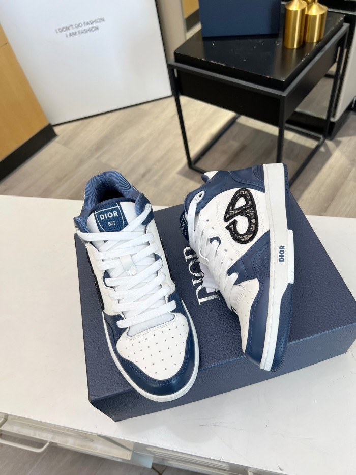 dior B57 MID-TOP SNEAKER Navy Blue and White Smooth Calfskin with Beige and Black Dior Oblique Jacquard