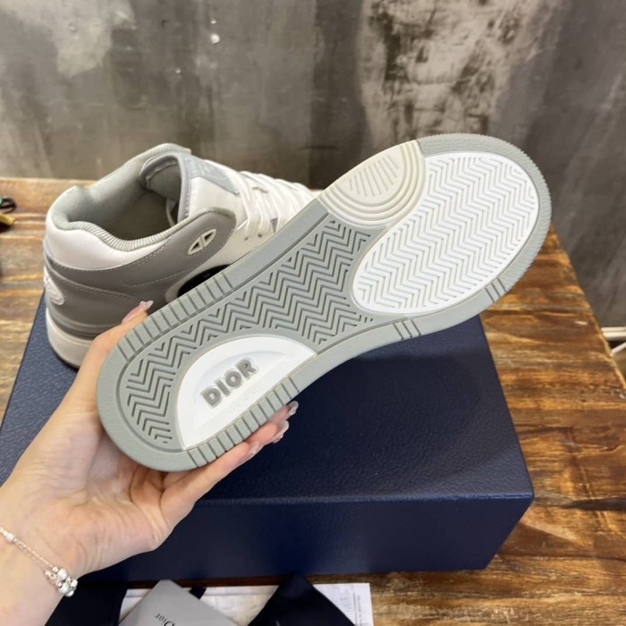 DIOR B57 MID-TOP SNEAKER Gray and White Smooth Calfskin with Beige and Black Dior Oblique Jacquard