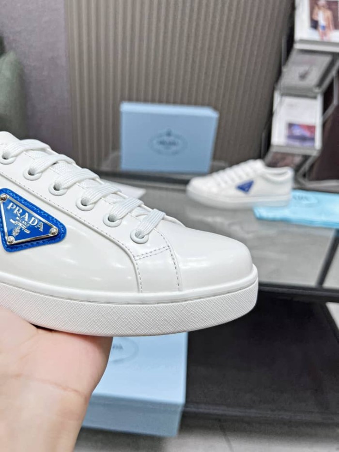 Prada Brushed Sneakers Leather White White Cobalt Blue