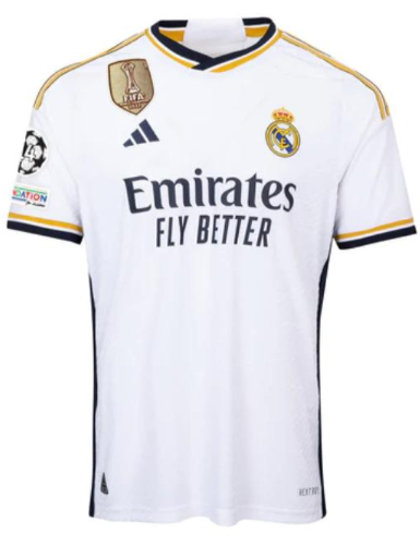 with Golden FIFA Champions League Patch Real Camisetas de Futbol Fan Version 2023-2024 Real Madrid Home Soccer Jersey
