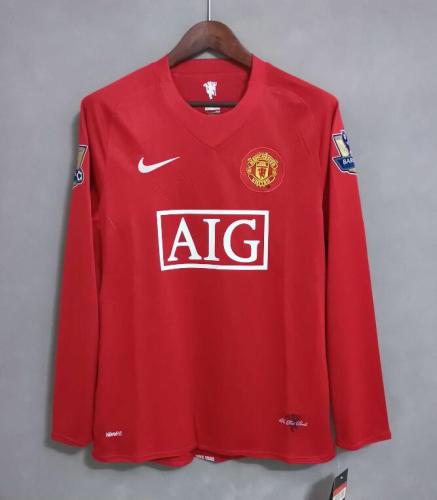with Golden EPL Patch Retro Jersey Long Sleeve 2007-2008 Manchester United Home Red Soccer Jersey