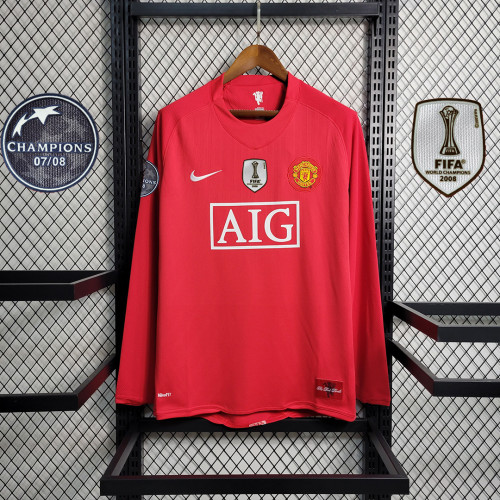with Front Patch+Champions Patch Retro Shirt Long Sleeve 2007-2008 Manchester United Home Vintage Soccer Jersey