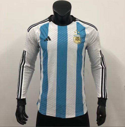 with 3 Stars 2022-2023 Player Version Long Sleeve Argentina Home Soccer Jersey