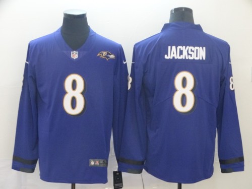 Baltimore Ravens 8 Lamar Jackson Purple Therma Long Sleeve Jersey