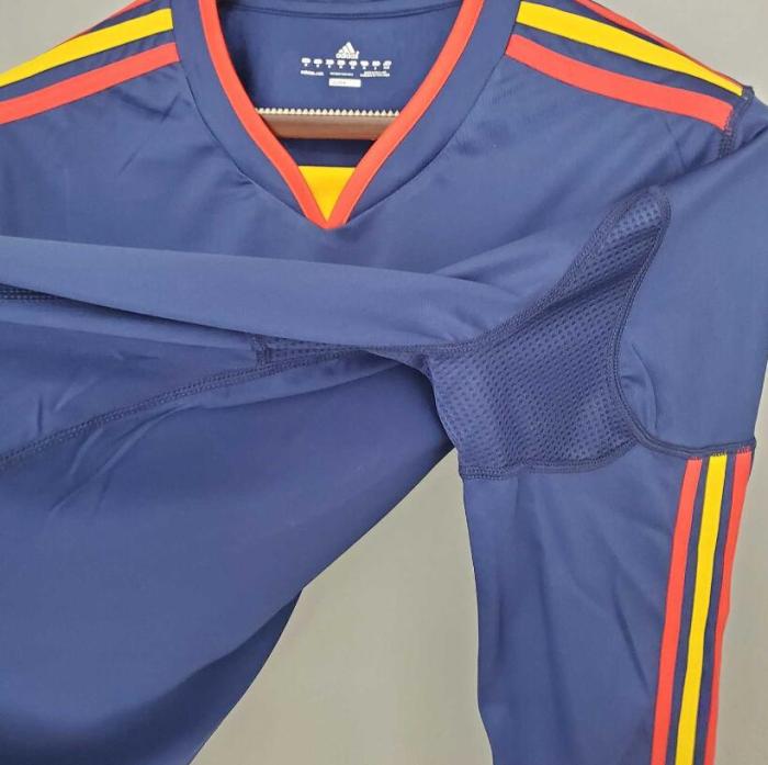 with Front Lettering Long Sleeve Retro Jersey 2010 Spain Away Blue Soccer Jersey