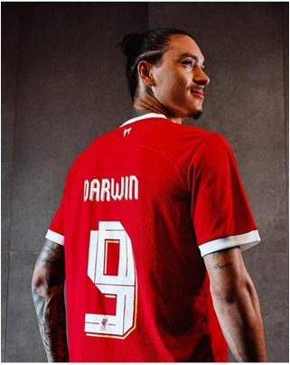 Europa League Font DARWIN 9 For Liverpool 2023-2024 Home Football Shirt