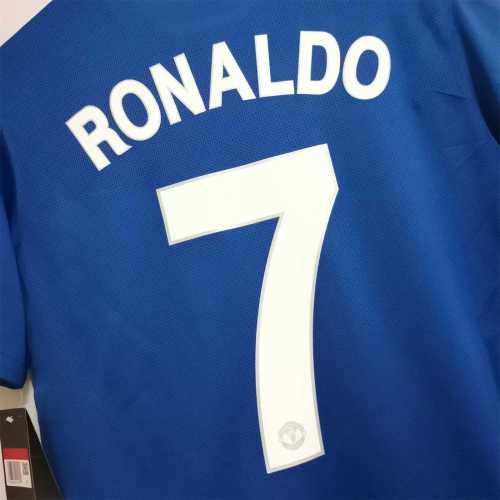 with Golden FIFA+Champions Patch Retro Jersey 2008-2009 Manchester United RONALDO 7 Away Blue Soccer Jersey