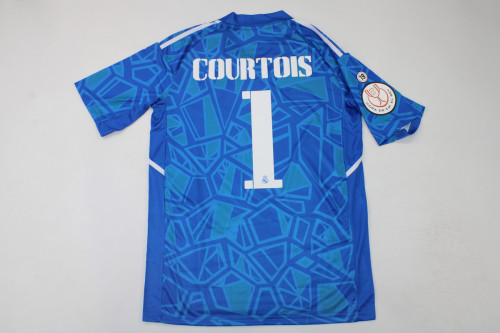 with Front Lettering Patch Fan Version Real Madrid 2023 COPA DE REY FINAL Blue Goalkeeper Soccer Jersey Real COURTOIS 1Futbol Shirt
