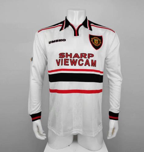 Long Sleeve Retro Jersey 1998-1999 Manchester United Away White Soccer Jersey