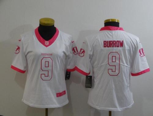 Women Cincinnati Bengals 9 BURROW White Pink Fashion NFL Jersey