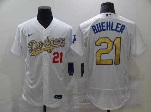 Los Angeles Dodgers 21 BUEHLER White Gold Nike 2020 World Series Champions Flexbase Jersey