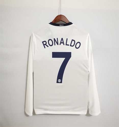 with Front Lettering+UCL Patch Retro Jersey Long Sleeve 2008-2009 Manchester United RONALDO 7 Away White Soccer Jersey