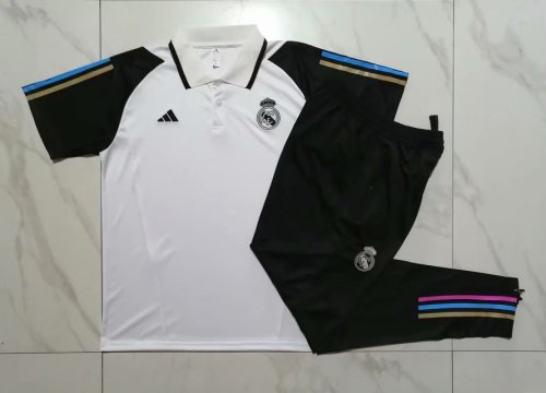 2023-2024 Real Madrid White Soccer Polo and Black Pants
