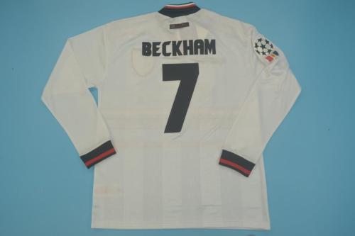 with UCL Patch Long Sleeve Retro Jersey 1998-1999 Manchester United 7 BECKHAM Away White Soccer Jersey