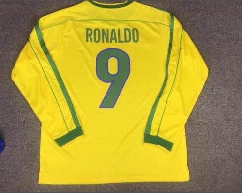 Retro Jersey Long Sleeve Brazil 1999 Home Ronaldo #9  Yellow Soccer Jersey