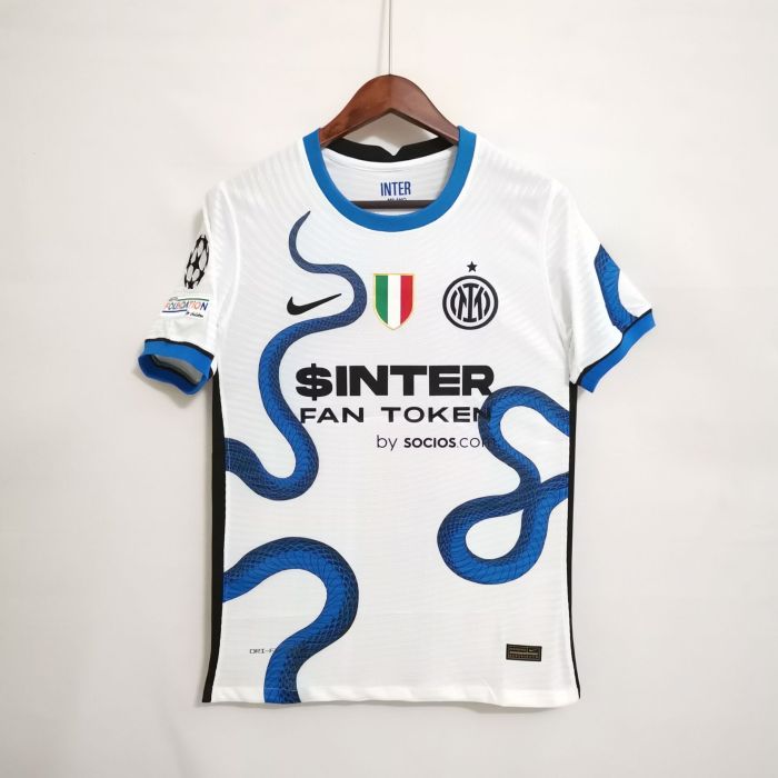 with Scudetto+Sponor Logo Fans Version 2021-2022 Inter Milan Away White Soccer Jersey