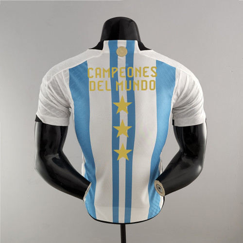 with 3 Stars Golden Patch Player Version 2022 World Cup Argentina CAMPEONES DEL MUNDO Home Soccer Jersey