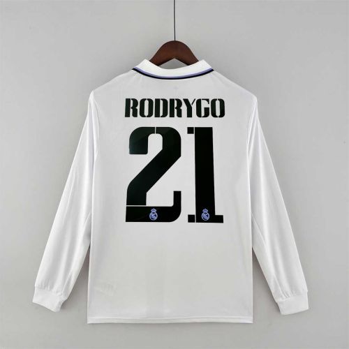 Long Sleeve Fans Version 2022-2023 Real Madrid 21 RODRYGO Home Soccer Jersey