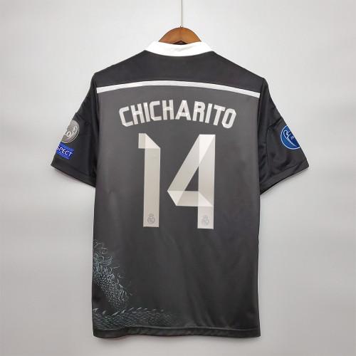 with Gold FIFA+UCL Patch Retro Jersey 2014-2015 Real Madrid CHICHARITO 14 Third Away Black Soccer Jersey