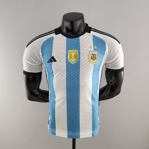 with Rubber Golden Patch Player Version 2022 World Cup Argentina Home Soccer Jersey