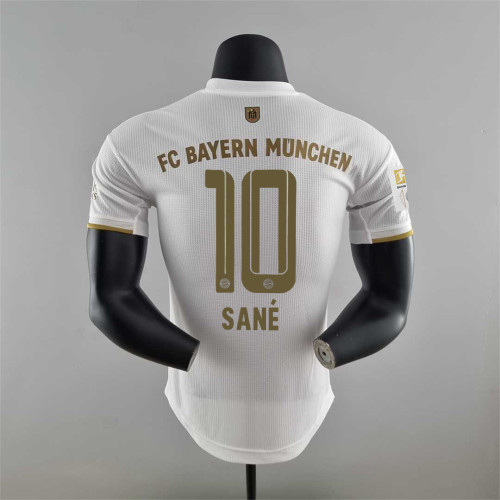 with Front Patch+Bundesliga PatchPlayer Version 2022-2023 Bayern Munich SANE 10 Away White Soccer Jersey