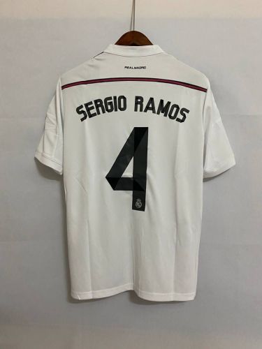 with LFP Patch Retro Jersey 2014-2015 Real Madrid 4 SERGIO RAMOS Home White Soccer Jersey