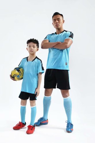 D8810 Light Blue Youth Set Adult Uniform Blank Soccer Training Jersey Shorts