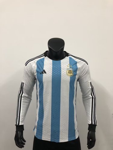 with 3 Stars 2022-2023 Player Version Long Sleeve Argentina Home Soccer Jersey