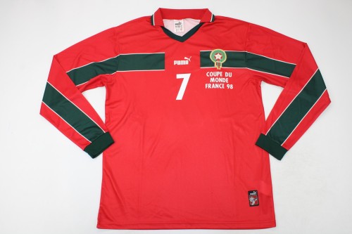 with Front Lettering Long Sleeve Retro Shirt 1998 Morocco M.HADJI 7 Red Soccer Jersey