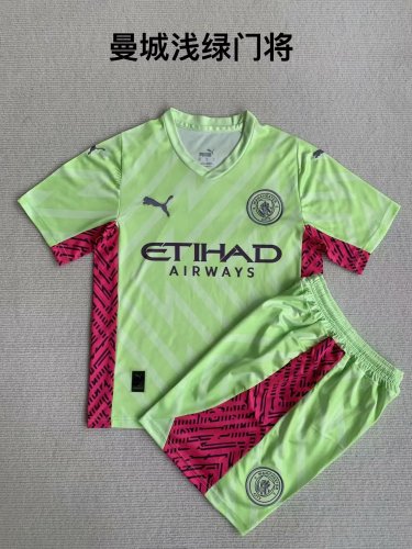 Youth Uniform Kids Kit 2023-2024 Manchester City Goalkeeper Soccer Jersey Shorts