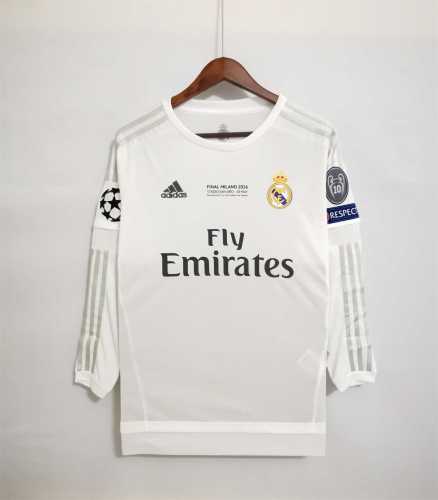 with Front Lettering+UCL Patch Long Sleeve Retro Jersey 2015-2016 Real Madrid Home UCL Final Soccer Jersey