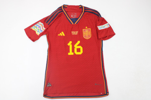 with Front Lettering+Patch SPAIN UEFA NATIONAL LEAGUE 2023 FINAL RODRIGO 16 Home Soccer Jersey