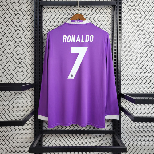 with Front Patch+Front Lettering+UCL Patch Retro Jersey Long Sleeve 2016-2017 Real Madrid RONALDO 7 Away Purple Soccer Jersey