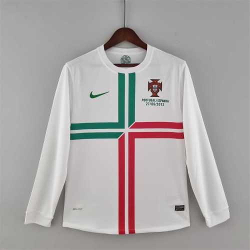 with Front Lettering Retro Jersey Long Sleeve 2012 Portugal Away White Soccer Jersey