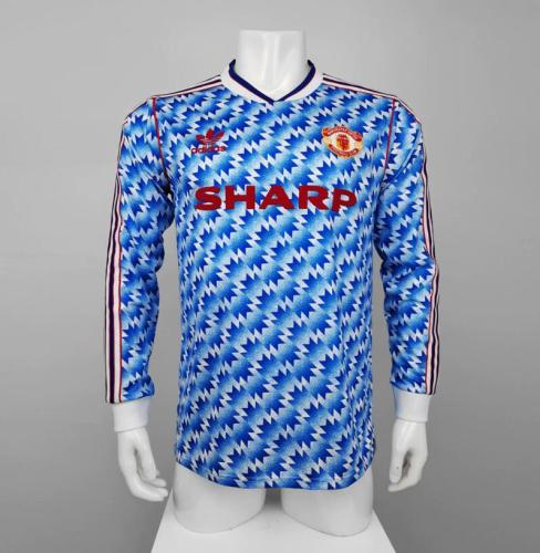 Retro Jersey Long Sleeve 1990-1992 Manchester United Away Blue Soccer Jersey